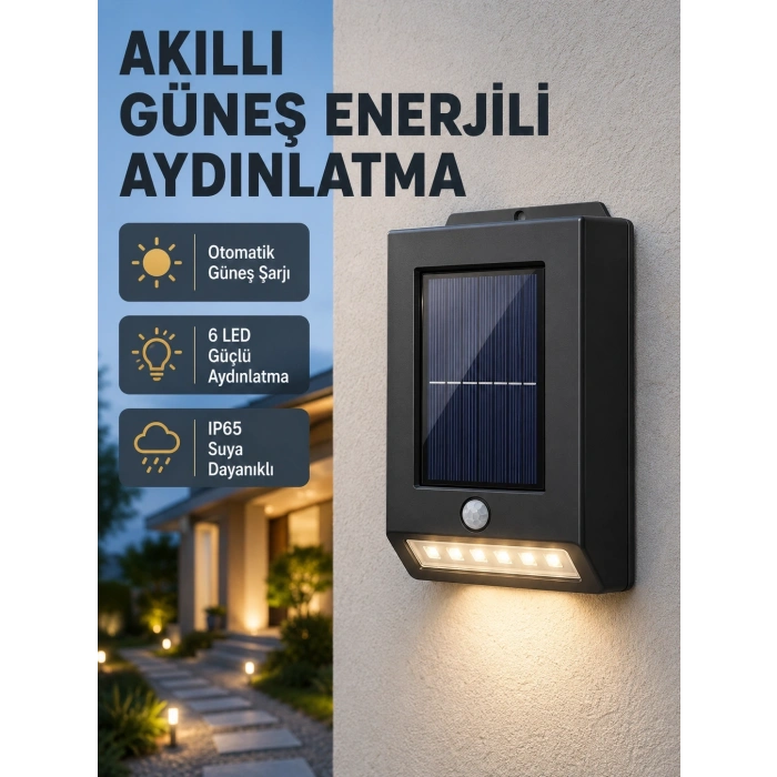 Mey İthalat® Solar Güçlü 6 LED Dış Mekan Lambası – Otomatik Aç/Kapa Işık Sensörlü Aydınlatma