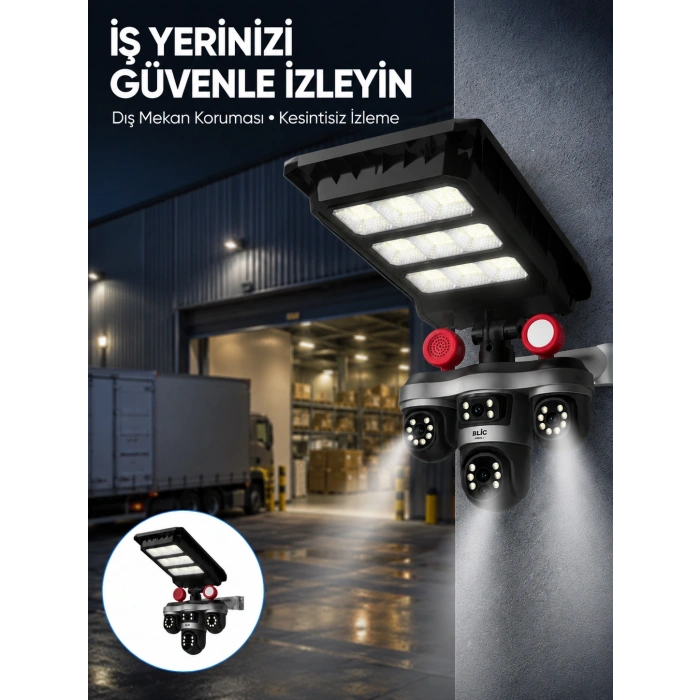 Mey İthalat® Solar Panelli 3 Lens Dış Mekan Güvenlik Kamerası Hareket Algılamalı LED Aydınlatmalı