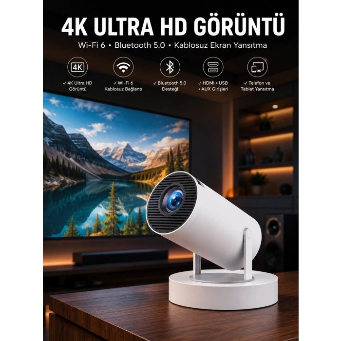 Mey İthalat® Taşınabilir Android Projeksiyon Ayaklı Çift Kollu 4K Çözünürlüklü Sinema Projeksiyonu