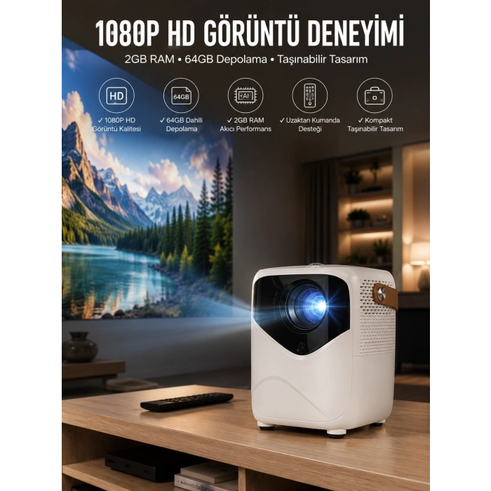 Mey İthalat® Taşınabilir Android Projeksiyon Wifi Destekli 4K Multimedia Tabanlı Ev Ve Ofis Tipi
