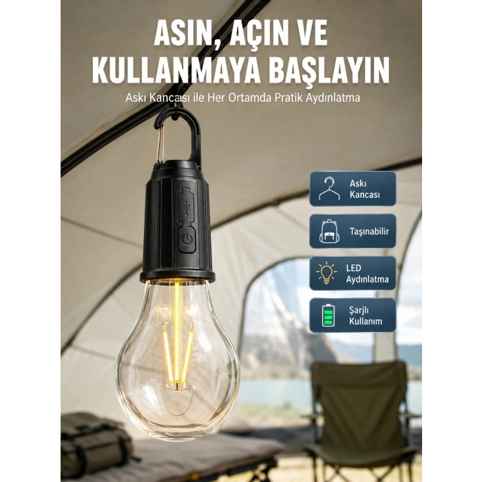 Mey İthalat® Taşınabilir Şarjlı Led Ampul Askılı Lamba Kamp Bahçe Lambası