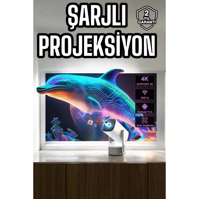 Mey İthalat® Taşınabilir Sinema Oyun Projektörü Akıllı Projeksiyon Android 11