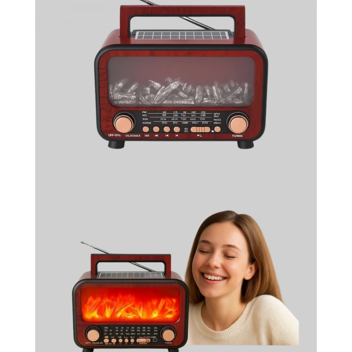 Mey İthalat® Taşınabilir Şömine Görünümlü Bluetooth Hoparlör – Solar Şarjlı, Alev Işıklı, 7W Ses