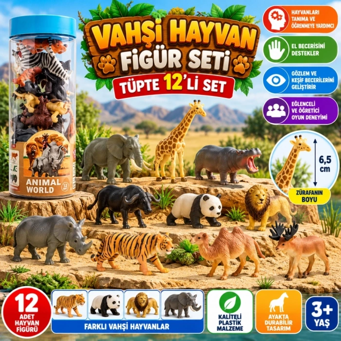 Mey İthalat® Tüpte 12 li Vahşi Hayvan Figür Seti
