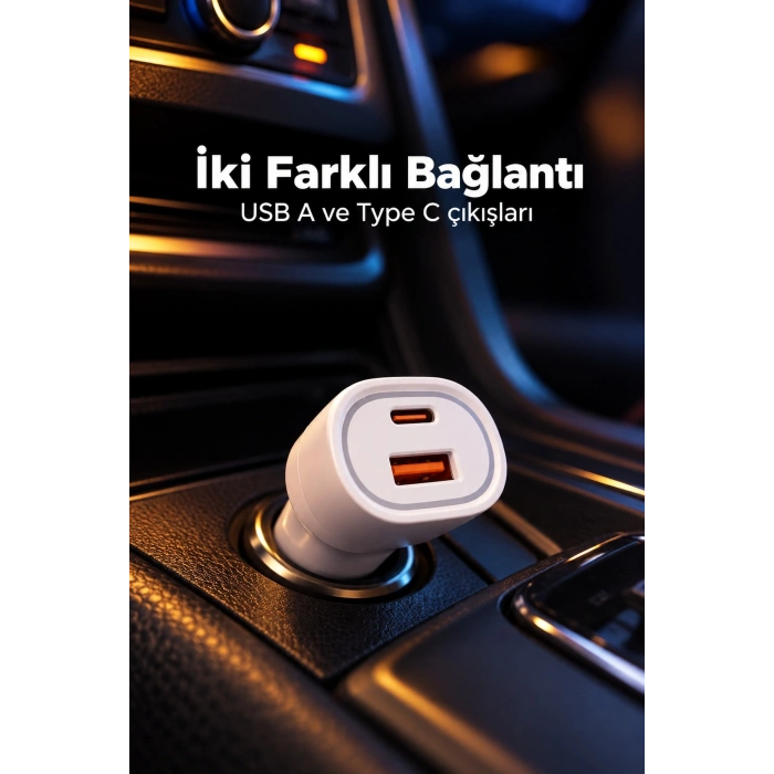 Mey İthalat® Type C ve USB A Çift Çıkışlı Araç Şarj Aleti