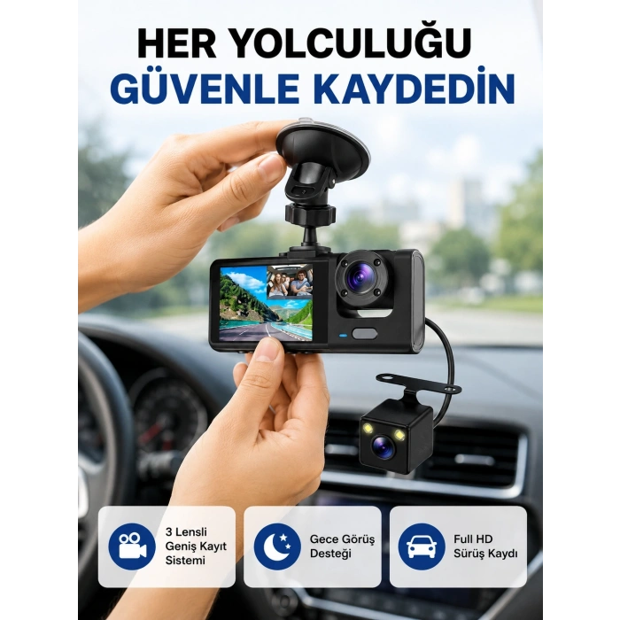Mey İthalat® Üç Kameralı Araç İçi Kayıt Sistemi Full HD Gece Görüşlü ve G-Sensör Destekli