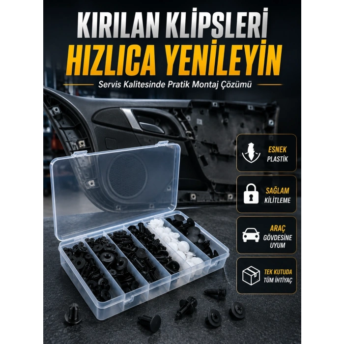 Mey İthalat® Universal Araç Döşeme Klipsi ve Tampon Sabitleme Pimi Seti 100 Parça Organizer Kutulu