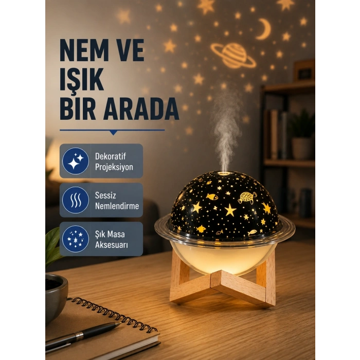 Mey İthalat® USB Projeksiyon Gece Lambası ve Hava Nemlendirici – Aromaterapi Destekli, Taşınabilir Mini