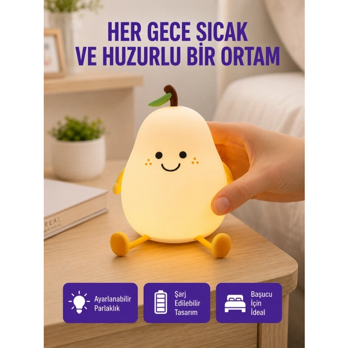 Mey İthalat® USB Şarjlı Armut Gece Lambası Dokunmatik Renk Değişimli