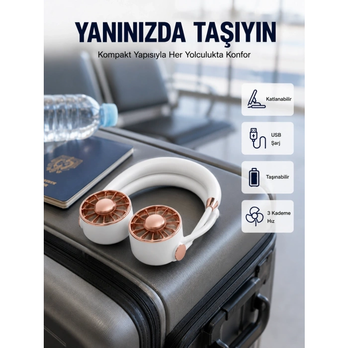 Mey İthalat® USB Şarjlı Katlanabilir Mini Boyun Fanı 1–3 Saat Kullanım