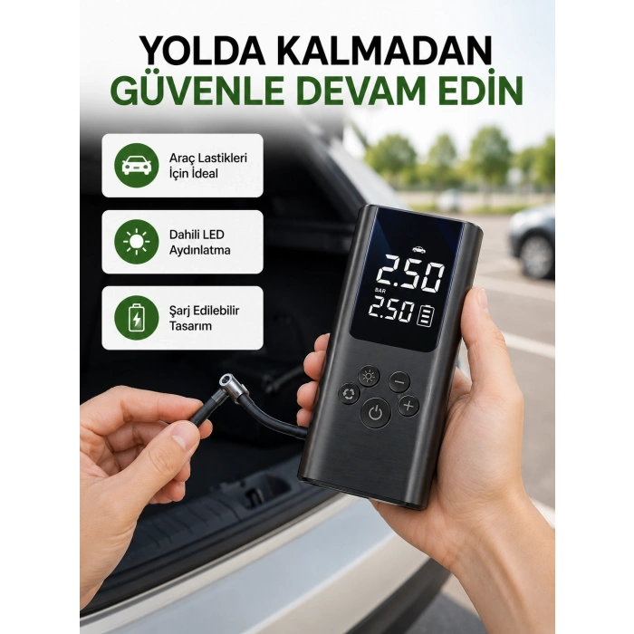 Mey İthalat® USB Şarjlı Taşınabilir Hava Kompresörü Dijital Ekranlı