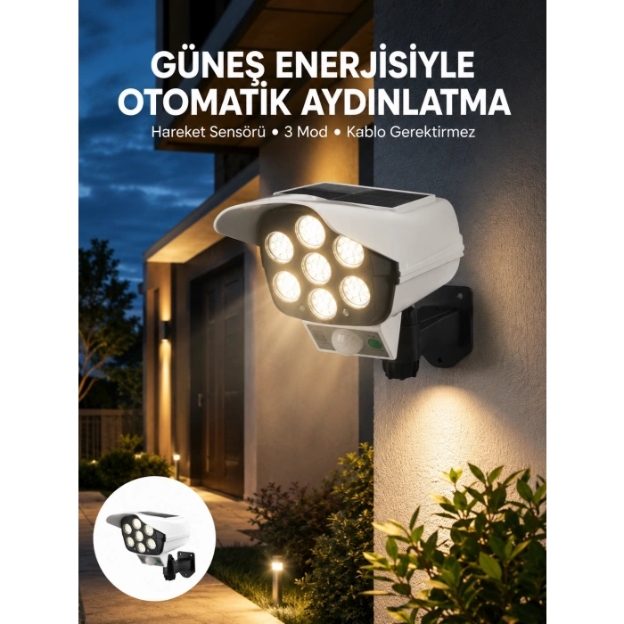 Mey İthalat® Uzaktan Kumandalı Güneş Enerjili LED Güvenlik Lambası Kamera Tipi Hareket Sensörlü Yeni Nesil
