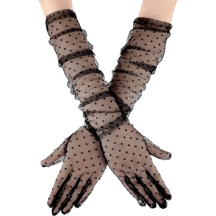 Mey İthalat® Uzun Boy Siyah Puantiyeli Siyah Renk Yetişkin Tül Eldiven 55 cm