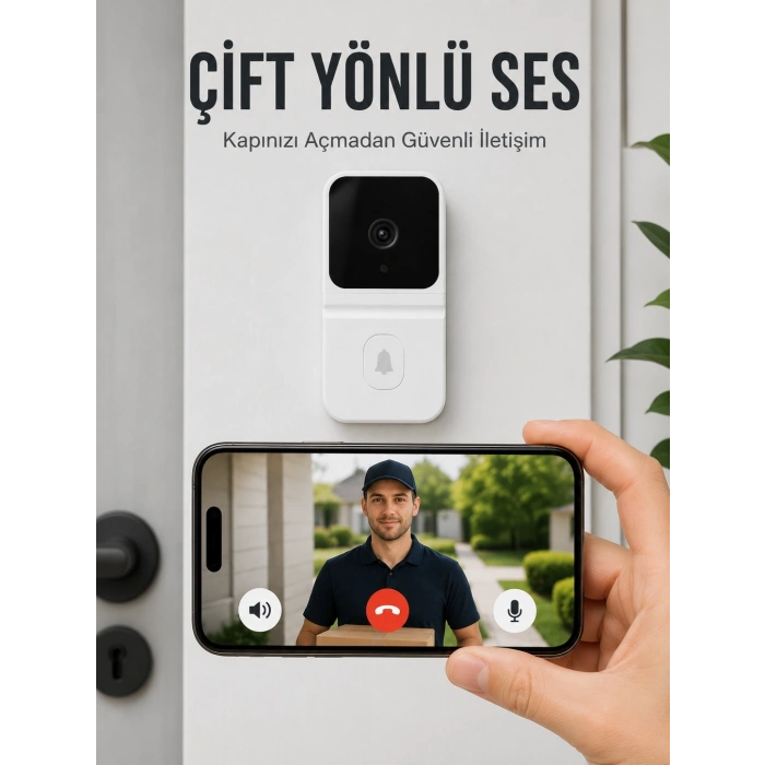 Mey İthalat® Wi-Fi Beyaz Görüntülü Kapı Zili  HD Kamera, Gece Görüşü ve Çift Yönlü Konuşma Özellikli