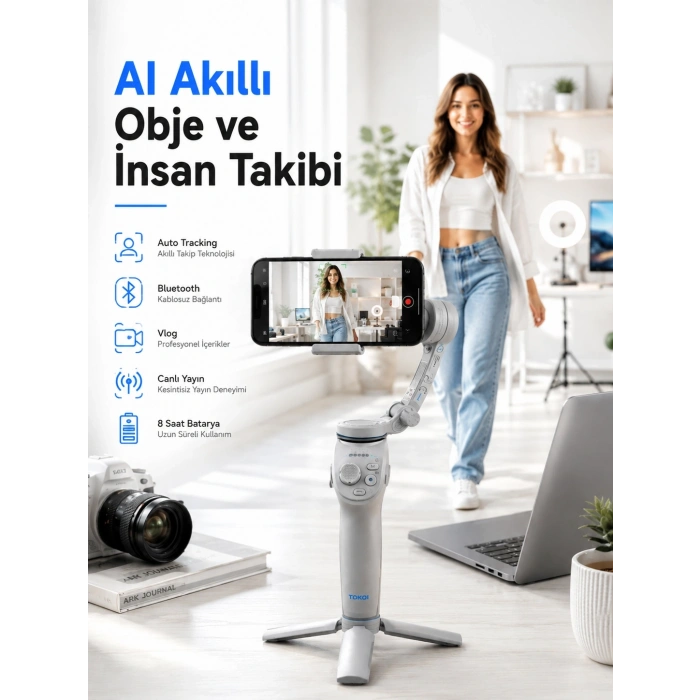 Mey İthalat® Yapay Zeka Takipli Telefon Gimbali Katlanabilir Tripod Bluetooth Kontrollü Dahili LED Işıklı