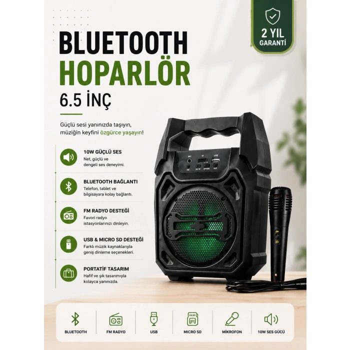 Mey İthalat® Yeni Nesil 6.5 İnç Bluetooth Hoparlör Mikrofonlu Taşınabilir Ses Sistemi