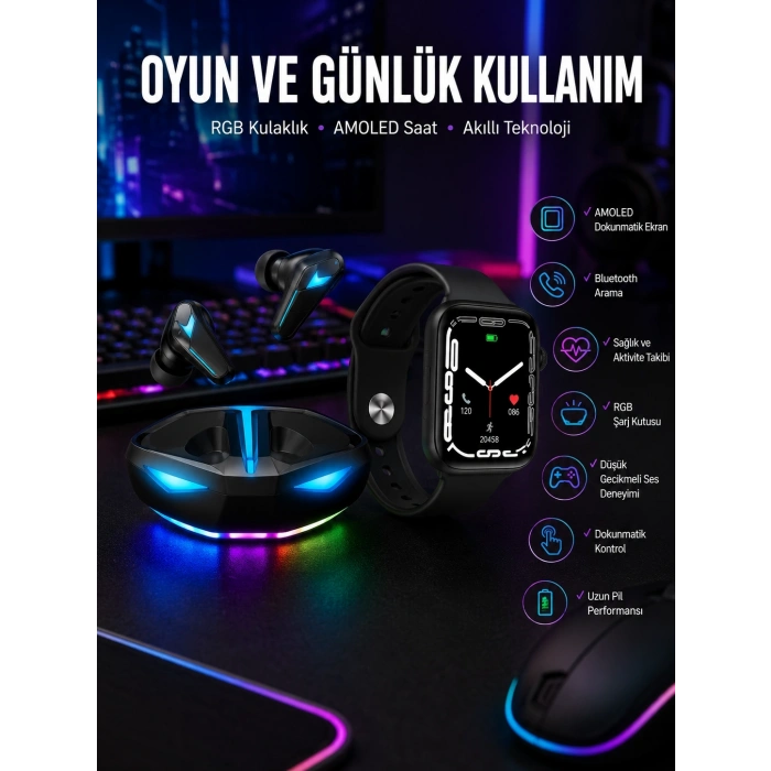 Mey İthalat® Yeni Nesil Akıllı Saat ve Kablosuz Kulaklık Kampanyası İkili Set Bluetooth Bağlantılı