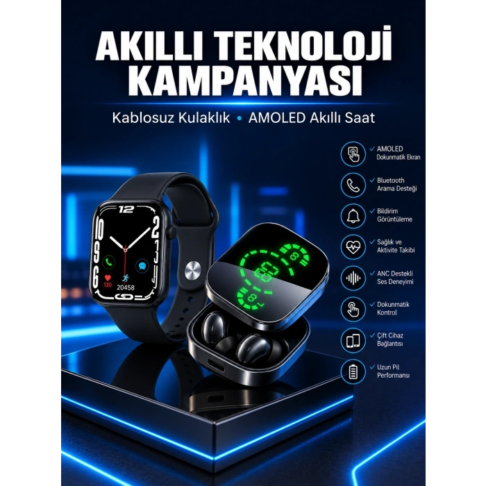 Mey İthalat® Yeni Nesil Akıllı Saat ve Ucuz Kaliteli Bluetooth Kablosuz Kulaklık Amoled Ekran