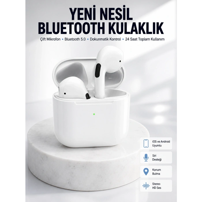 Mey İthalat® Yeni Nesil Bluetooth Kulaklık Beyaz Çağrı Cevaplayabilen Kablosuz