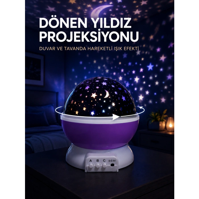 Mey İthalat® Yıldız Projeksiyon Lambası Döner Başlıklı Renkli Çocuk Odası Gece Işığı