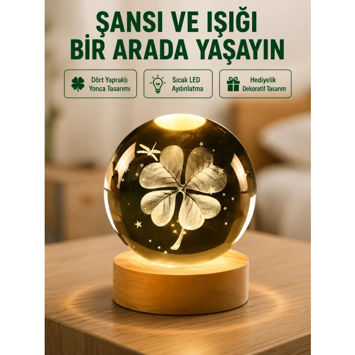 Mey İthalat® Yonca Figürlü Cam Küre USB Işıklı Ahşap Tabanlı Dekoratif Masa Lambası