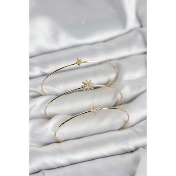 Mey İthalat® Zirkon Taşlı Kutup Yıldızı Model Gold Renk 3lü Kadın Bileklik Kombini