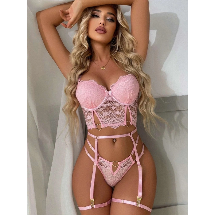 Pembe Dantelli Jartiyer Fantezi Seksi Büstiyer Takımı