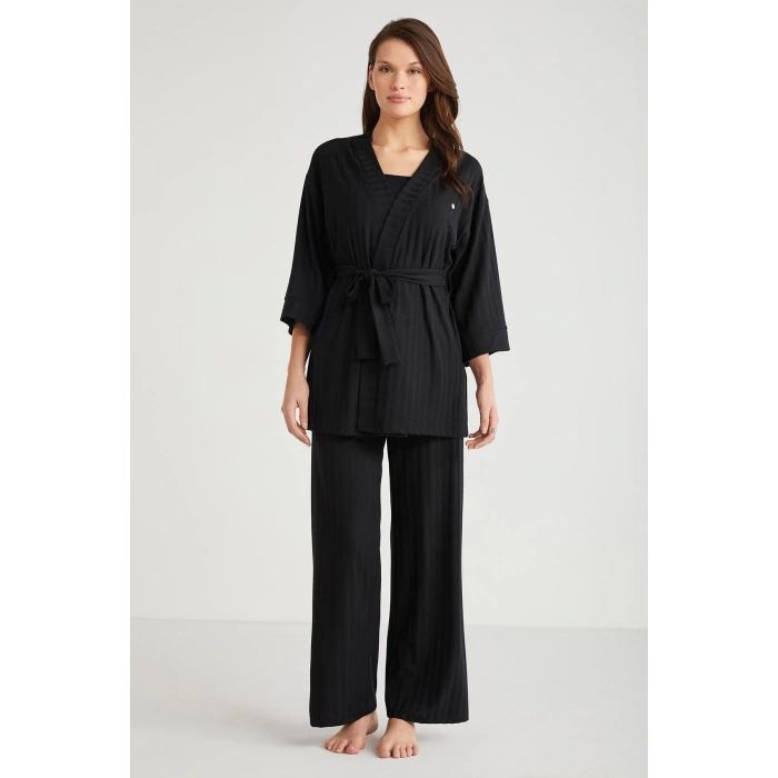 Penye Mood 3lü Kısa Kol Sabahlık Pijama Takımı