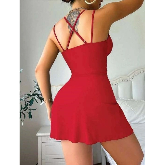 Şık Tasarım Çapraz Sırt Dekolteli Yandan Bağlamalı Kırmızı Mini Elbise