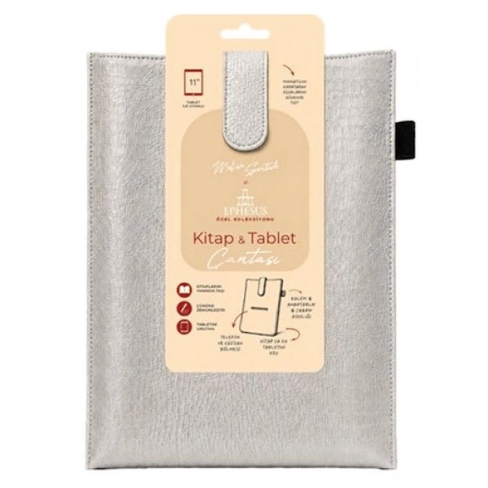 Yeni Nesil Kitap ve Tablet Çantası - Özel Deri Dokulu Gümüş