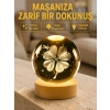 Mey İthalat® Bitki Temalı LED Işıklı Cam Küre Ahşap Standlı Modern Gece Lambası