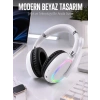 Mey İthalat® Kablosuz Bluetooth Mikrofonlu Beyaz Kulaklık  RGB Işıklı