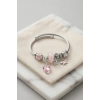 Mey İthalat® Pembe Kristal Kalp Charmlı Gümüş Renk Bileklik