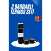 Mey İthalat® Termos Seti 3lü Bardak Seti Isı Dayanıklı Siyah Paslanmaz Çelik Vakumlu