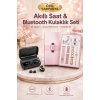 Mey İthalat® Wireless Şarjlı Pembe Akıllı Saat ve Kablosuz Bluetooth Kulaklık Dokunmatik Kontrol
