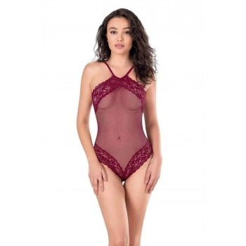 Dantel İşlemeli Bordo File Tül Bodysuit