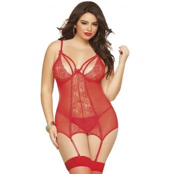 Arias Closet Büyük Beden Kırmızı Dantel İşlemeli Göğüs Dekolteli Fantezi Jartiyer Takımı