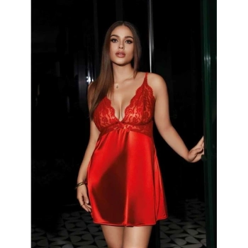 Arias Closet Büyük Beden Kırmızı Dantel İşlemeli Saten Gecelik