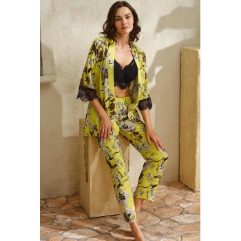 Arias Closet Dokuma Viskon Çiçek Baskılı Dantelli Sabahlık Balenli Desteksiz Dolgusuz Büstiyer Sütyen ve Pantolon Pijama 3lü Takım