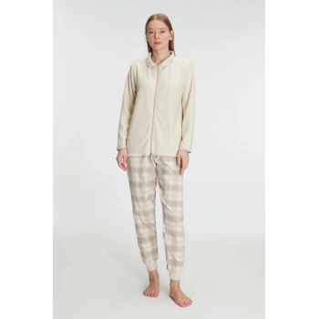 Arias Closet Fermuarlı Uzun Kol Sweatshirt Pantolon Takım Viskon ve Pamuklu Pijama Takımı