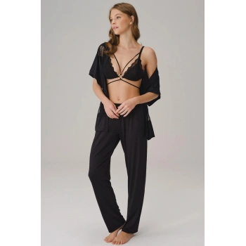 Arias Closet İp Askılı V Yaka Düz Yazlık Uzun Dantel Detaylı Pijama Takımı Sabahlık