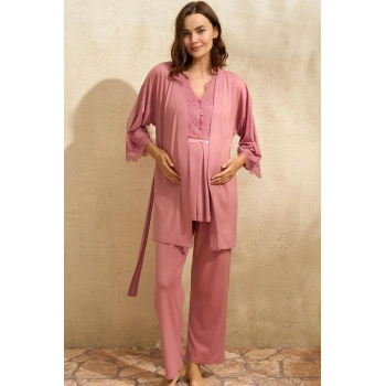 Arias Closet Sıfır Kol V Yaka Kadın Viskon Düz Yazlık Uzun Dantel Detaylı Hamile Pijama Takımı Sabahlık