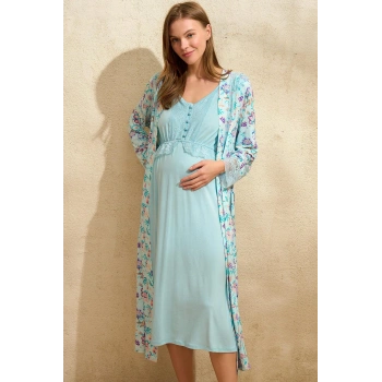 Arias Closet Sıfır Kol V Yaka Viskon Çiçek Desenli Yazlık Uzun Dantel Detaylı Hamile Gecelik Sabahlık