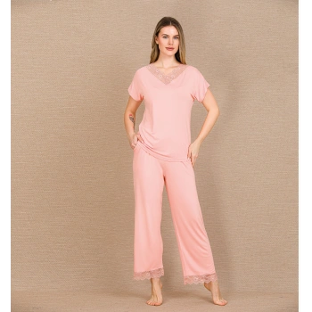 Arias Closet Viskon Şık Tasarım Dantel İşlemeli Açık Pembe Kısa Kol Pijama Takımı