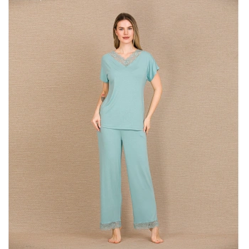 Arias Closet Viskon Şık Tasarım Dantel İşlemeli Mint Yeşil Kısa Kol Pijama Takımı