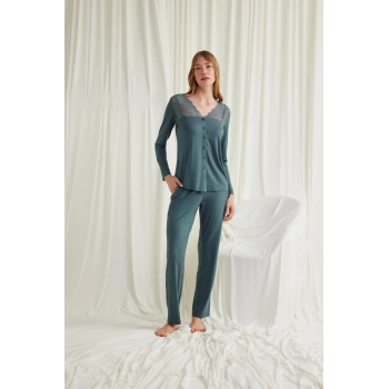 Arias Closet Yakası Omzu ve Paçası Dantelli Boydan Düğmeli Pijama Takımı