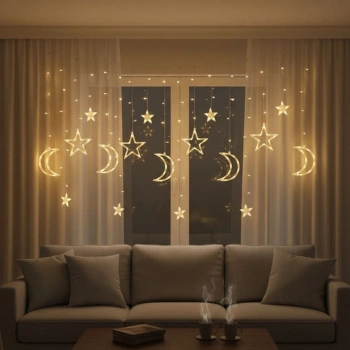 Ay ve Yıldız Figürlü Kumandalı 12 Sarkıtlı 120 LED Dekor Işık – Dekoratif Ortam ve Masaüstü Aydınlatması