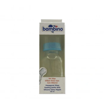Bambino Altı Köşe Silikon Kiraz Uçlu Cam Biberon 150ml - Mavi