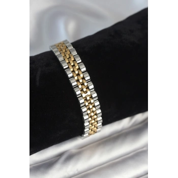 CEYLAN ADAM 316L Çelik 12 mm Kalınlıkta Gold ve Gümüş Renkli Erkek Bileklik