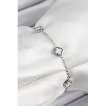 CEYLAN ADAM 316L Çelik Beyaz Sedef Yonca Model Gümüş Renk Kadın Bileklik